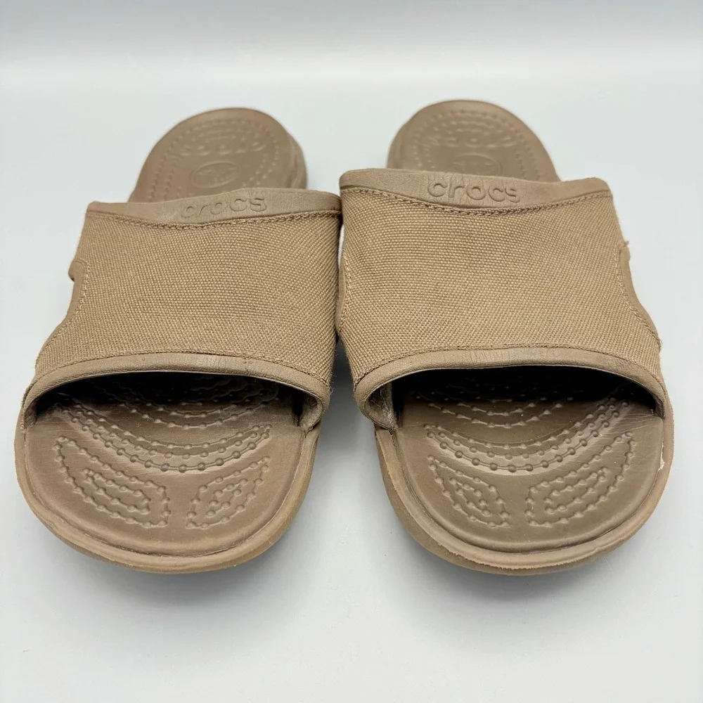 Crocs Canvas Slides Men 8 Women 9-9.5 Brown Slip On Sandals